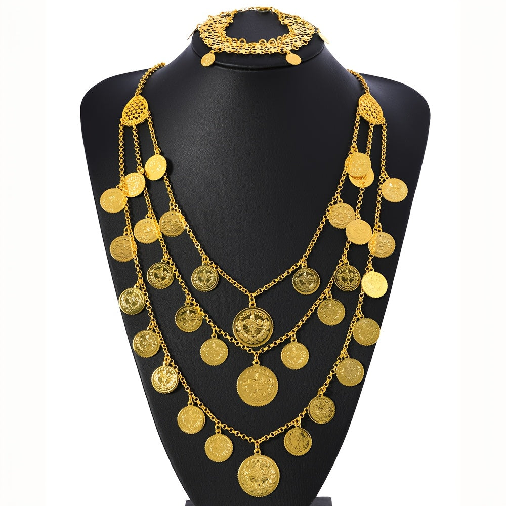 Shein Retro Multi-Layer Coin Pendant Necklace & Bracelet Jewelry Set