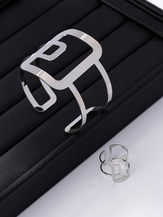 1pc Chic Geometric Bangle Bracelet And 1pc Geometric Ring
