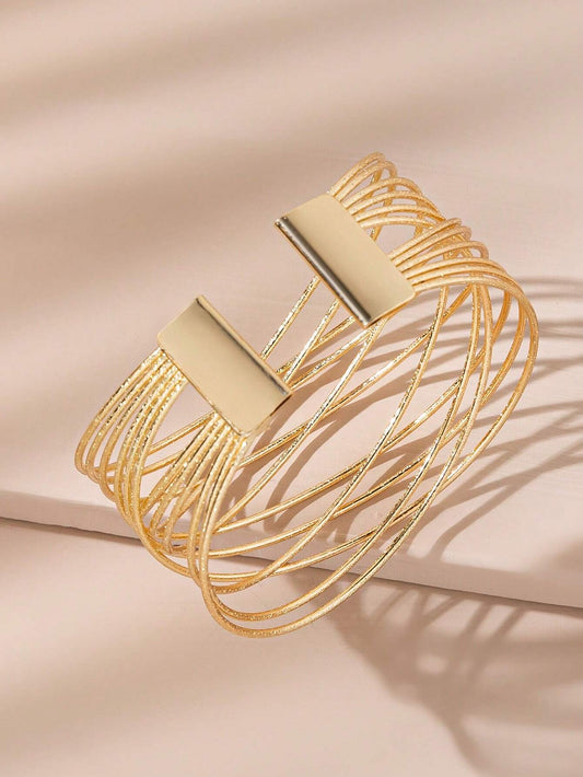 1pc Fashionable Women's Multi-Layered Crossed Pure Metal Decor Open Bangle