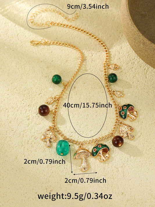 1pc Women's Bohemian Style Alloy Small Mushroom Pendant Chain Necklace