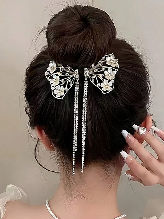 1pc Floral Faux Pearl Rhinestone Bow Tassel Elegant Hair Claw Clip Barrette