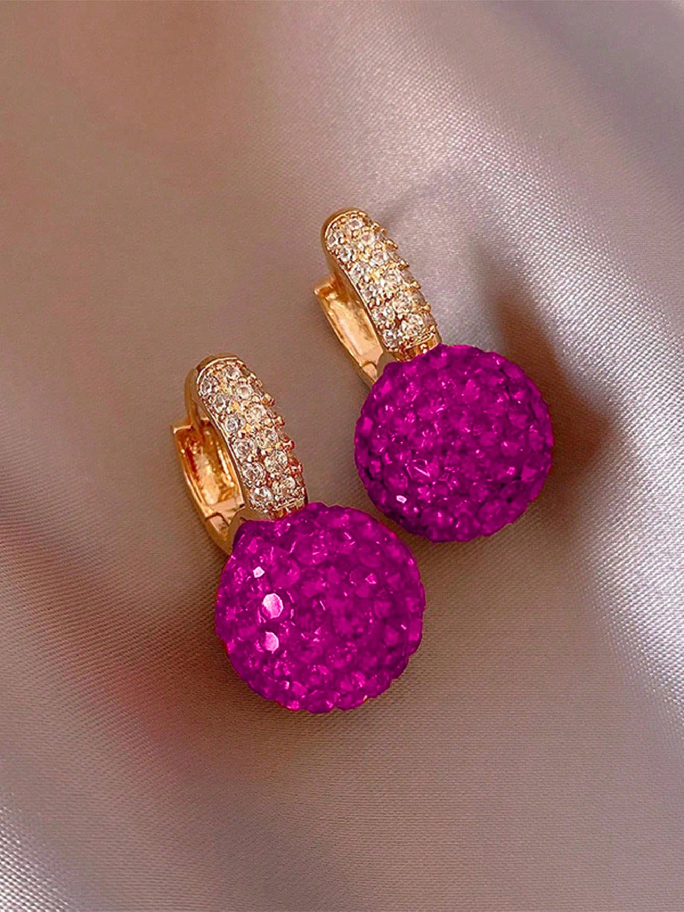 1 Pair Elegant Rhinestone Embellished Red Ball Design Pendant Earrings For Women