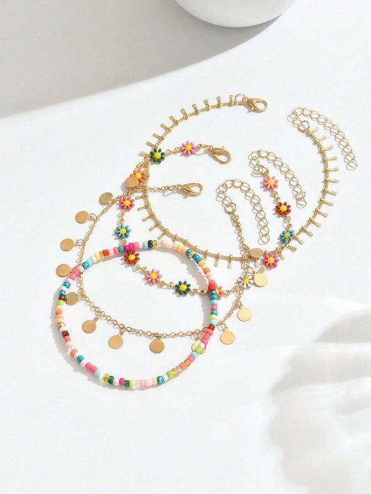 4pcs/Set Bohemian Style Anklets, Summer Multicolor Daisy Anklets, Colorful Beaded Multi-Layer Anklets For Women, Fashion Minimalist Unique Disc Tassel Design, Versatile For Beach Vacation And Daily Wear, Excellent Beach Gift