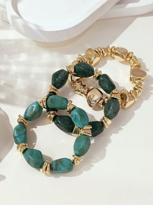 Vintage Boho 3-Piece Chunky Acrylic Beaded Bracelet Set Brown
