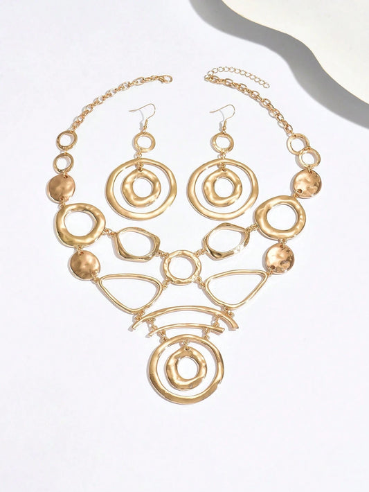 2pcs Luxury Metallic Asymmetrical Geometric Hollow Circular & V-Shaped Necklace And Earrings Set, Elegant For Party, Formal Occasions And Daily Wear
