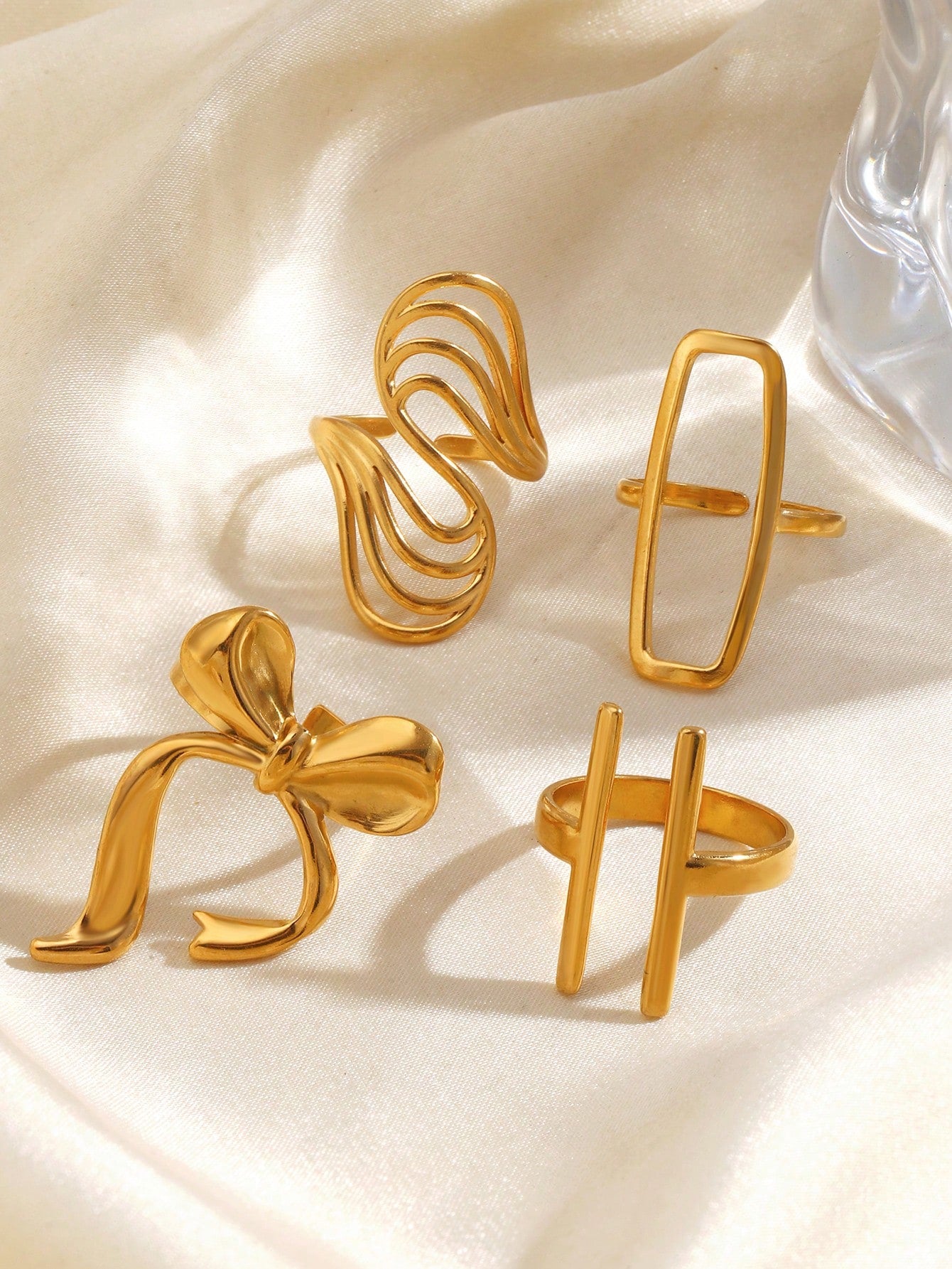 4pcs/Set Stainless Steel 18K Gold Plated Minimalist Geometric Line & Bow Knot Open Rings, Suitable For Women's Daily Wear