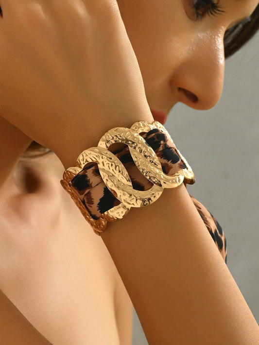 1 pieza Brazalete de mujer con estampado de leopardo y flecos, estilo retro metálico de moda, adecuado para uso diario, fiesta y accesorios de vacaciones