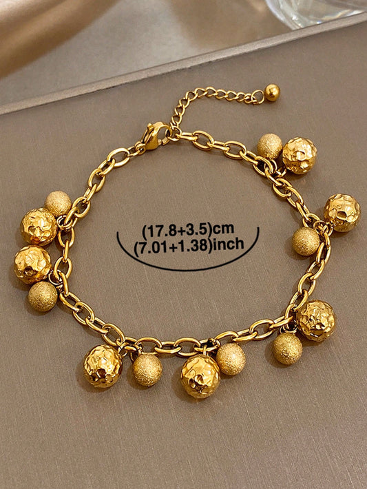 1 pieza Pulsera de cadena de lujo de acero inoxidable con decoración de bola cepillada y martillada vintage, estilo bohemio de vacaciones de verano para mujer, regalo para mamá, uso diario, fiesta, cumpleaños, Día de San Valentín