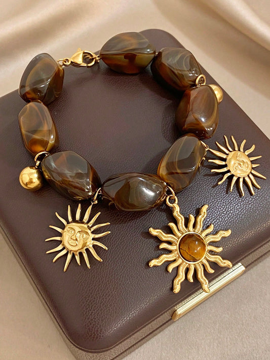Luxury Vintage Bohe Sun Charm Golden Women Bracelet, Stainless Steel With Acrylic Hand Jewelry, Summer Beach Mom Gift, Daily Party Birthday Valentine