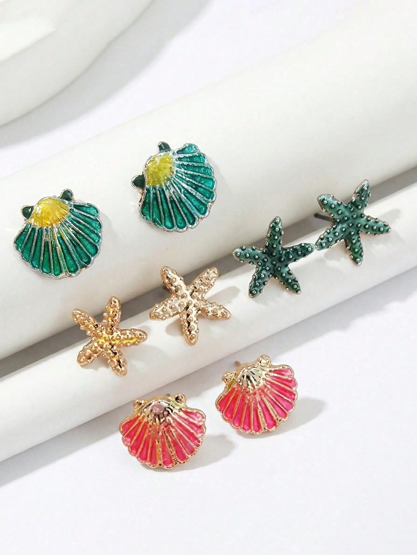 4 Pairs Ocean Style Fashion Earrings Set Starfish Seashell Zinc Alloy