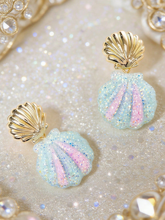 Mermaid Style Gold Shell Glitter Earrings - Shimmering Resin Pendant, Mermaidcore Glitter Shell Earrings, Beach Earrings, Summer Earrings - Gold Shell Top With Sparkly Resin Pendant