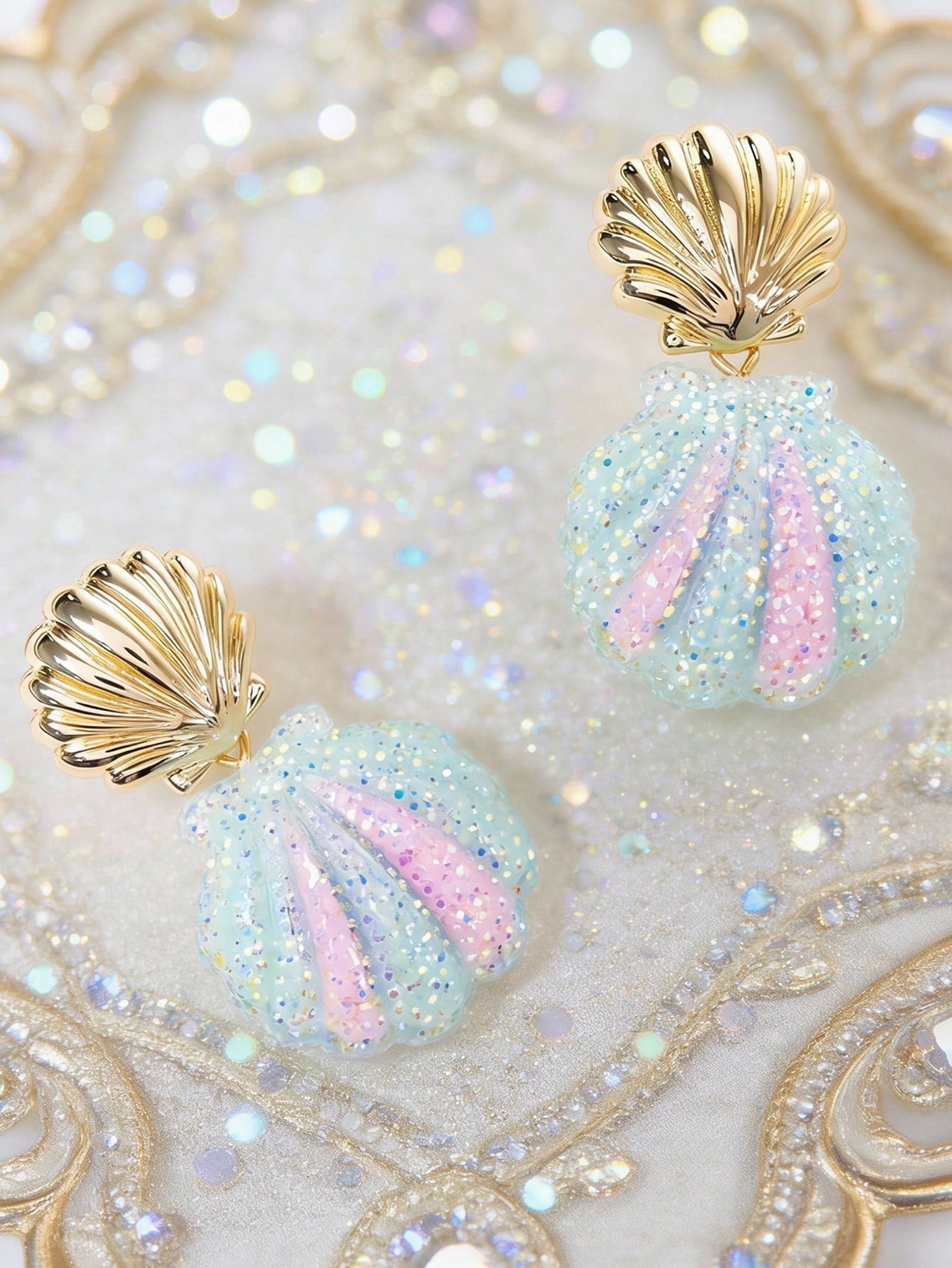 Mermaid Style Gold Shell Glitter Earrings - Shimmering Resin Pendant, Mermaidcore Glitter Shell Earrings, Beach Earrings, Summer Earrings - Gold Shell Top With Sparkly Resin Pendant