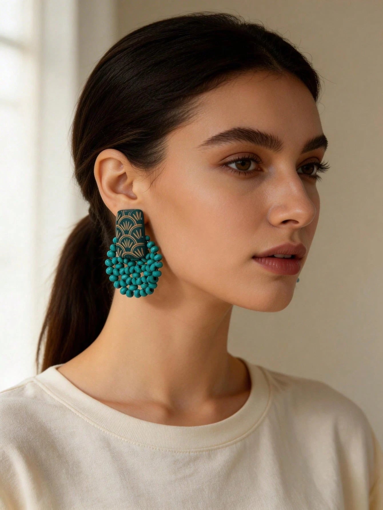 1 Pair Handmade Minimalist Wooden Beaded Disc & Carved Classic Fan-Shaped Olive Green Earrings, Suitable For Vacation, Party And Daily Wear