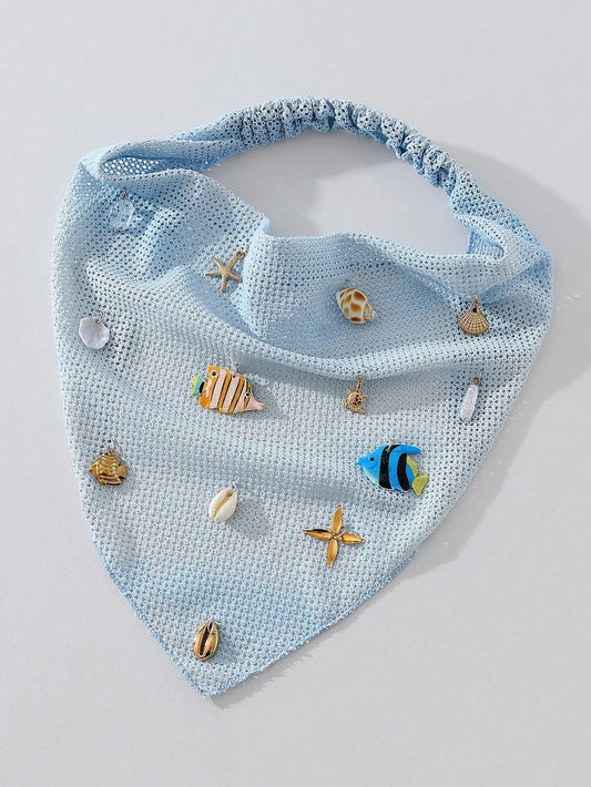 1pc Original Floral Pattern Women's Embroidered Rolled Edge Starfish Seashell Fish Faux Pearl Decor Headwrap Hair Band Suitable For Daily And Vacation Use Summer Hair Accessories Beach Scarf Vacay Women Bandanas