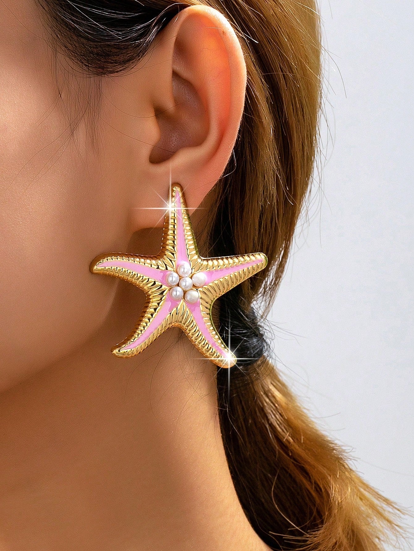 1 Pair Metal Enamel Starfish & Shell Pendant With Rhinestones, Suitable For Women's Beach Vacation, Party And Daily Wear