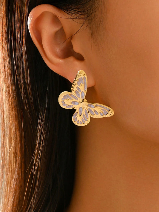 1 par de pendientes minimalistas de moda de acero inoxidable con forma de mariposa y gota de aceite para uso diario de mujeres