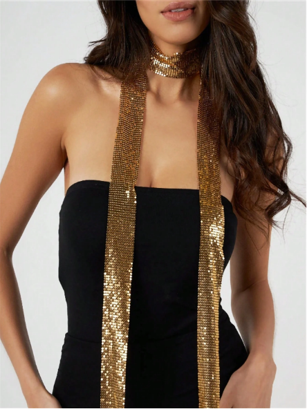 Metal Mesh Scarf Choker Necklace – Long Metallic Sparkle Tie Scarf Necklace