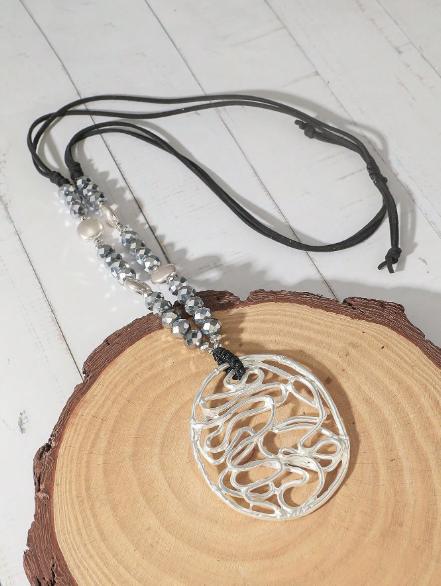 Bohemian Wire-Woven Openwork Oval Pendant Long Necklace – Grey Beaded Cord