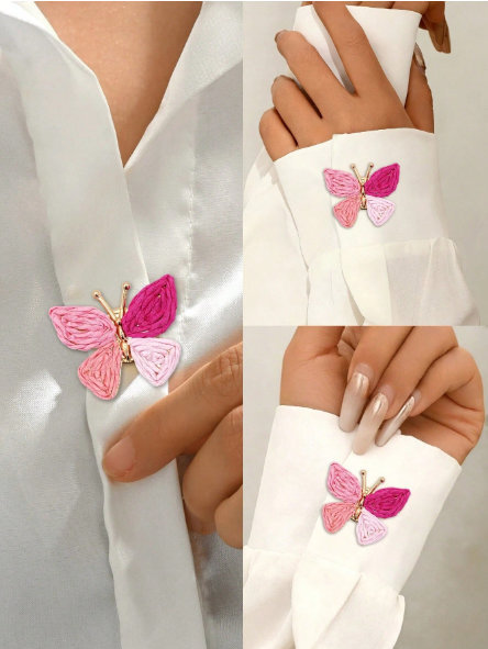 Woven Pink Butterfly Brooch Pin – Two-Tone Raffia & Gold Collar Clip