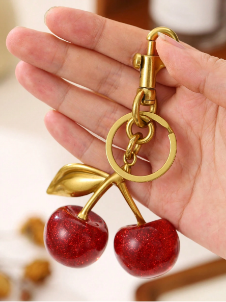 Sparkling Red Resin Cherry Keychain – Antique Gold Bag Charm & Keyring