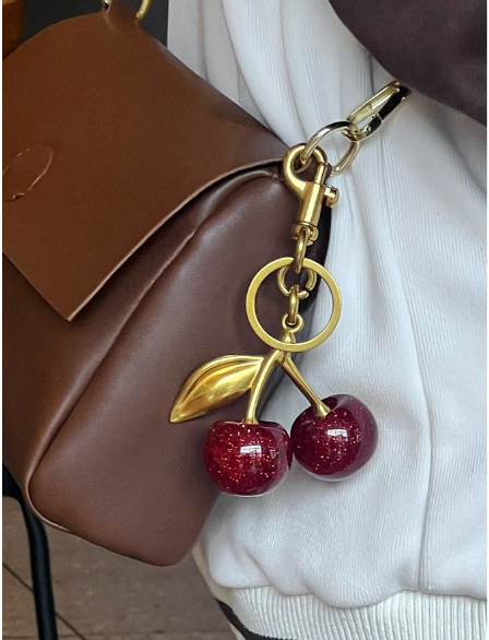 Sparkling Red Resin Cherry Keychain – Antique Gold Bag Charm & Keyring