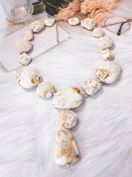 Beige Marbled Resin Pebble Y-Necklace – Organic Stone Drop Statement Necklace