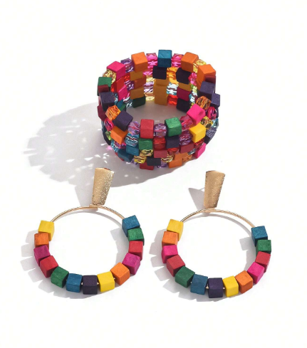 3pcs Summer Boho Elegant Casual Colorful Wood Cube Women Jewelry Sets,