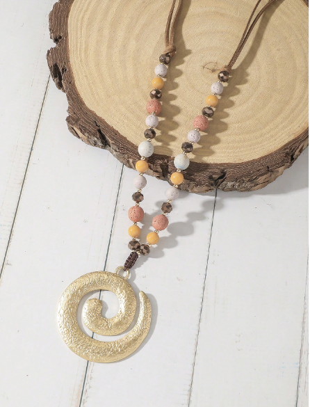 Boho Textured Gold Spiral Pendant Long Necklace – Beaded Cord Statement Jewelry