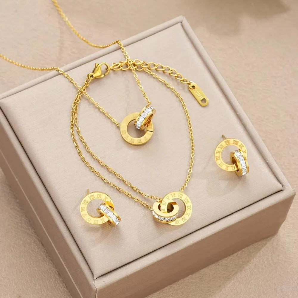 Shein 4pcs Stainless Steel Golden Plated Roman Numbers Flower Set