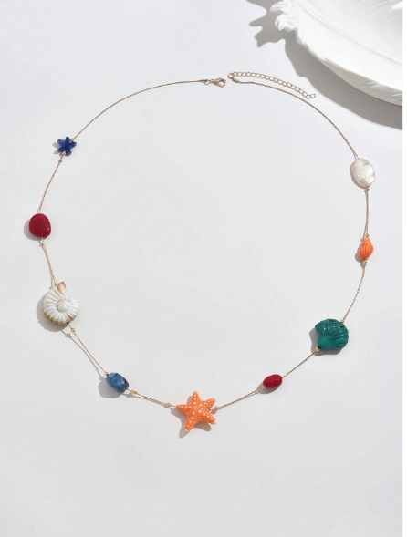Boho Ocean Sea Shell & Starfish Beaded Long Chain Necklace