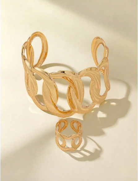 Chunky Gold Interlocking Link Cuff Bracelet & Ring Set – Openwork Statement Jewelry
