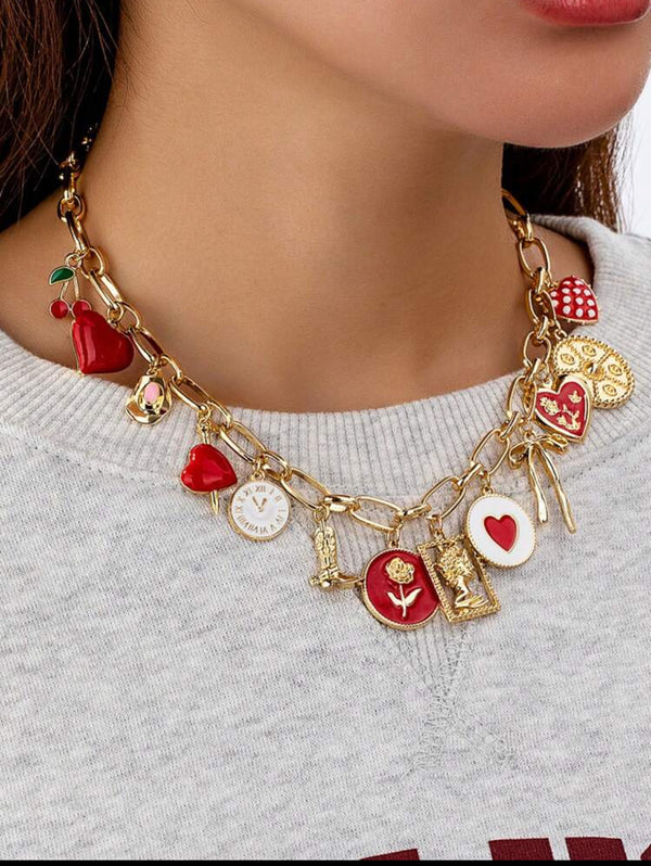 Shein Multi-flap Chain Pendant Adorned with a Red Cherry Blossom Drop Heart Charm