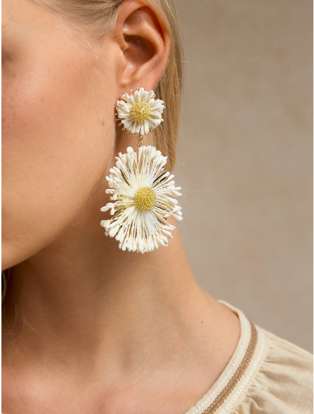 Boho White Floral Raffia Drop Earrings – Tiered Daisy Statement Earrings