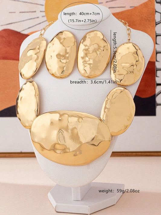 SHEIN 3pcs/Set Exaggerated Punk Luxurious Oversized Asymmetrical Elliptical Metal Gold Pendant Earrings Necklace Set