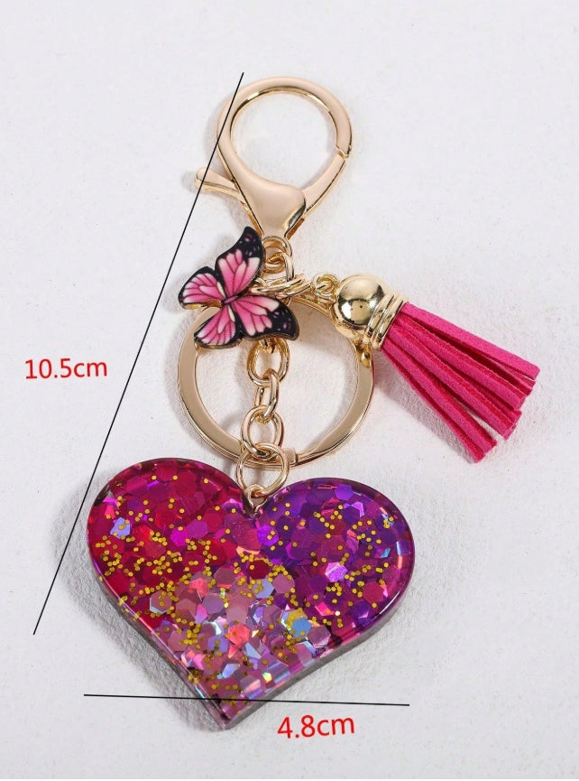 SHEIN 1pc Fashionable Sequin Heart & Butterfly Tassel Keychain Car Accessories Bag Charm