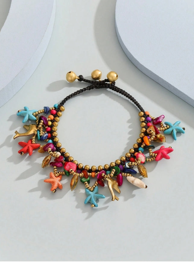 SHEIN 1pc Boho Style Turquoise Wax Cord Woven Anklet With Handmade Starfish