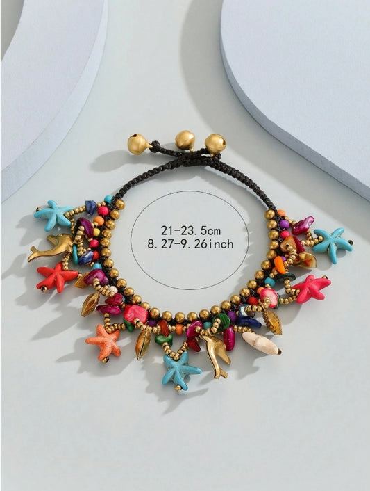 SHEIN 1pc Boho Style Turquoise Wax Cord Woven Anklet With Handmade Starfish
