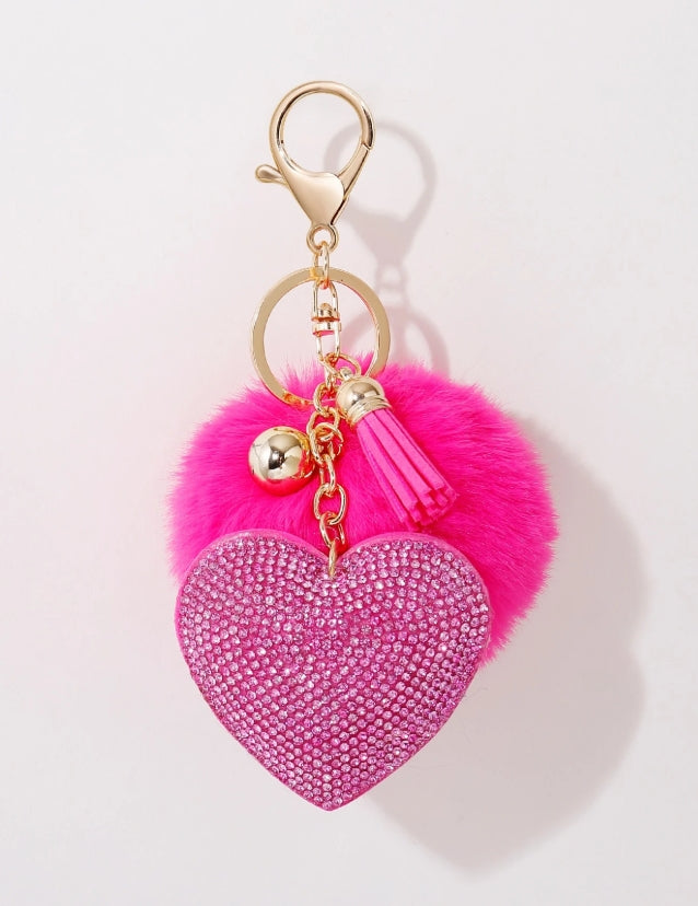 SHEIN 1pc Ladies' Rhinestone-Encrusted Plush Solid Color Heart Shaped Keychain With LOVE Charm