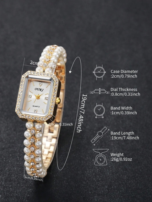 SHEIN 1pc Women's Pearl & Rhinestone Decorated Watch Band With Rhinestone Dial Elegant Quartz Bracelet Watch