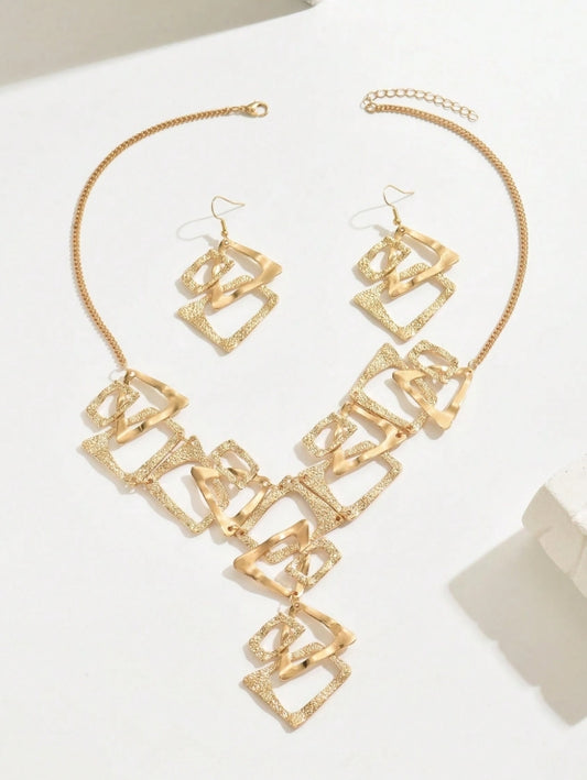SHEIN2pcs/Set Geometric Asymmetrical Triangle, Rectangle, Trapezoid Pendant Necklace And Earrings Set