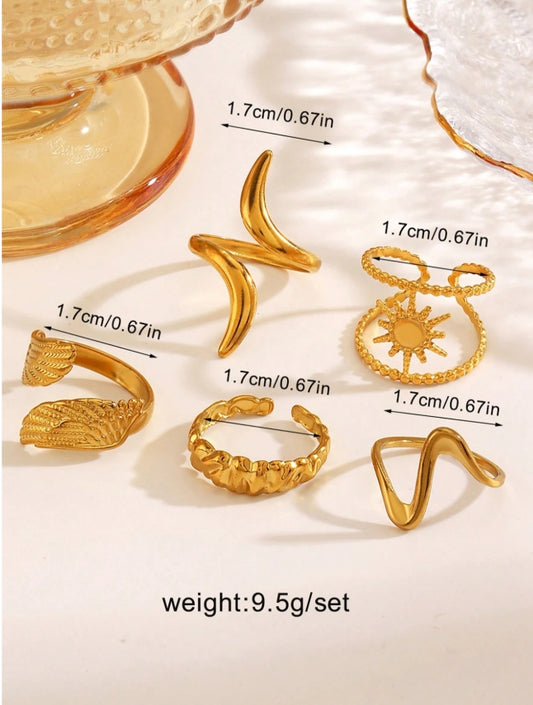 SHEIN 5pcs Stainless Steel 18K Gold Plated Wing Line Open Rings