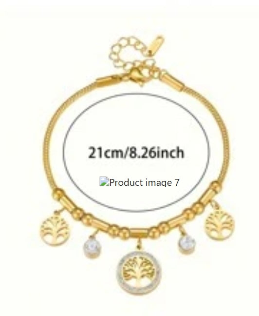 SHEIN 1pc Rhinestone Inlaid Tree Of Life Round Pendant Stainless Steel Chain Bracelet,