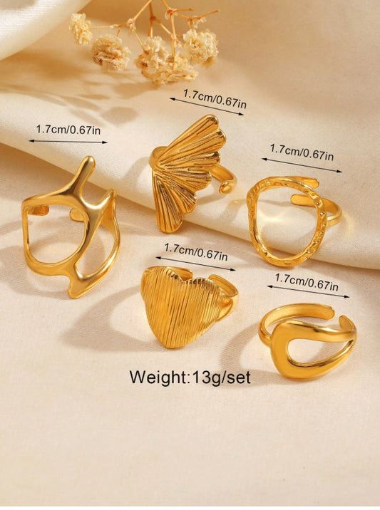 SHEIN 5pcs Stainless Steel 18K Gold Plated Geometric Heart & Circle Ring Set