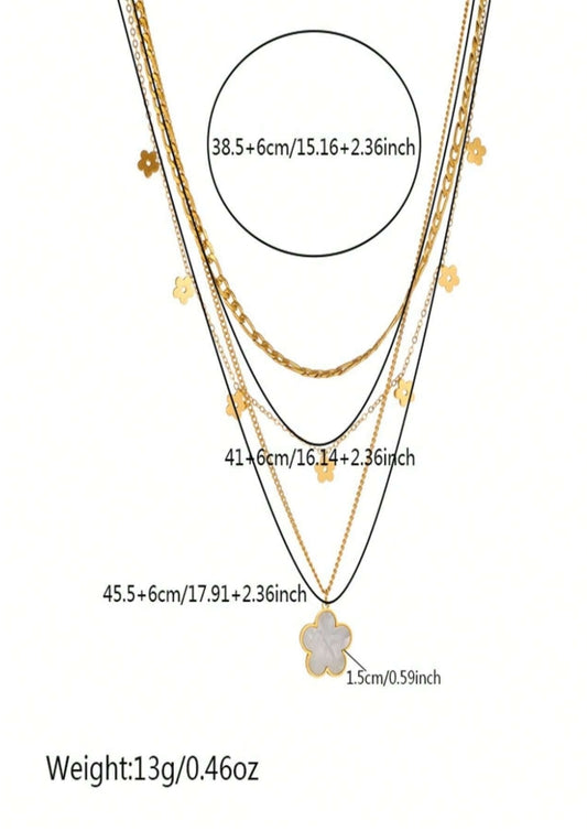 SHEIN pc Multilayered Retro Style Shiny Shell Flower Pendant Stainless Steel Chain Necklace