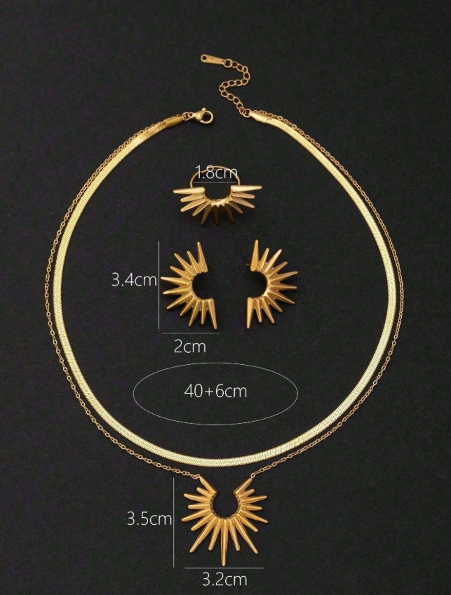 SHEIN pcs/Set Stainless Steel Sunflower Pendant Necklace + Earrings + Ring Jewelry Set