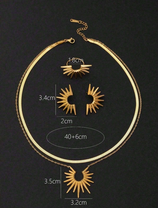 SHEIN pcs/Set Stainless Steel Sunflower Pendant Necklace + Earrings + Ring Jewelry Set