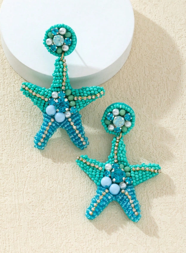 WinLeaf 1 Pair Heavy-Duty Starfish Shaped Rice Bead & Rhinestone Earrings