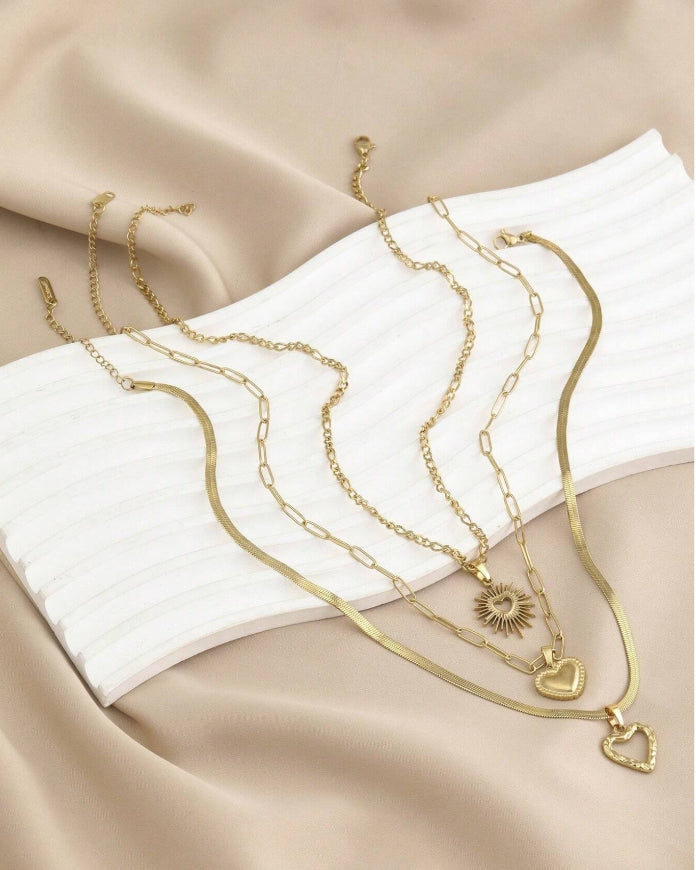 SHEIN 3pcs Stainless Steel Golden Yellow Love Series Of 3 Different Styles Of Necklaces And Pendants