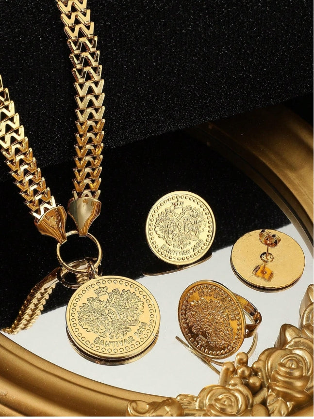 shein 4PCS/Set Arabian Hot Selling Gold Coin Glossy Pendant Necklace Earrings Ring