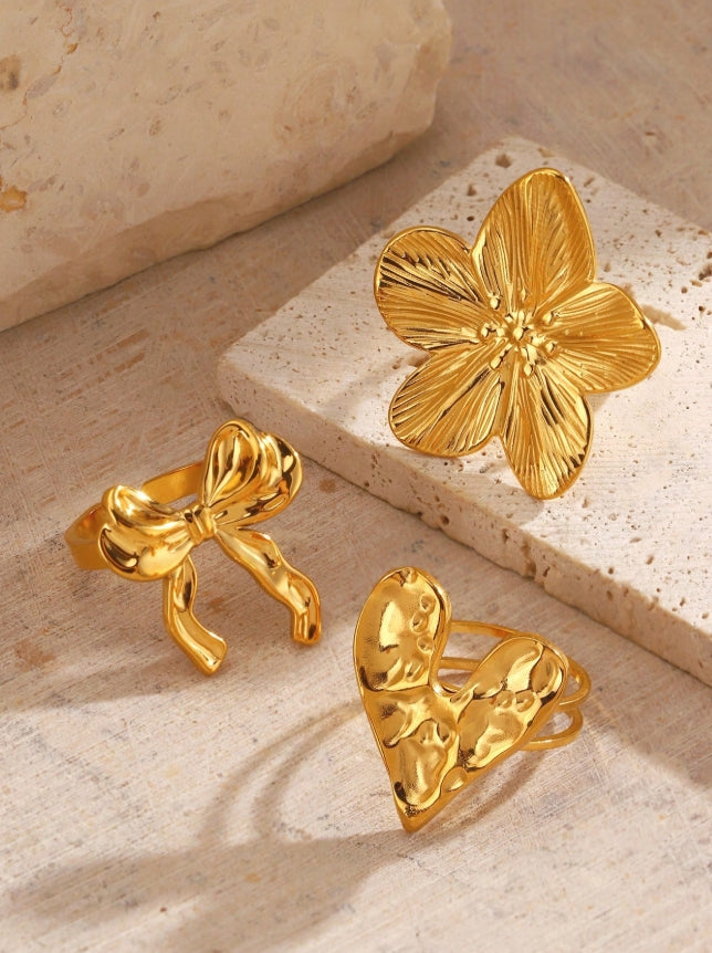 SHEIN 3 Piece Stainless Steel Minimalist 18K Gold Plated Butterfly, Heart, Flower Ring Set